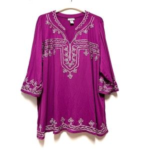 Catherines Plus 1X Purple Embroidered Boho Tunic Top Festival Chic Hippie Resort